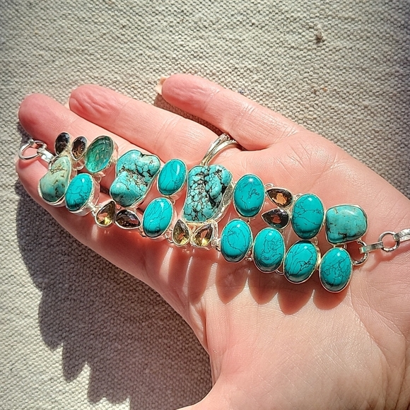 Turquoise Howlite Chocolate Quartz Natural Gemstone S925 Bracelet - Picture 8 of 10